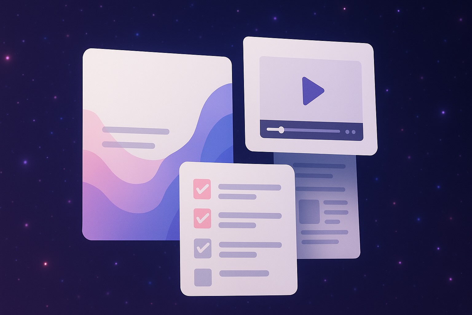 Digital resource mockups showing documents, video content, and checklists